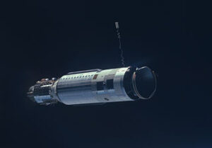 Cílové těleso GATV z pohledu posádky Gemini-8. Dokovací adaptér je obrácen směrem k objektivu fotoaparátu.