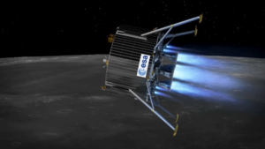 Lunar lander se zažehnutými tryskami během sestupu na měsíční povrch