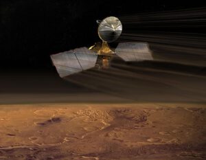 Ilustrace sondy MRO při aerobrakingu v atmosféře Marsu