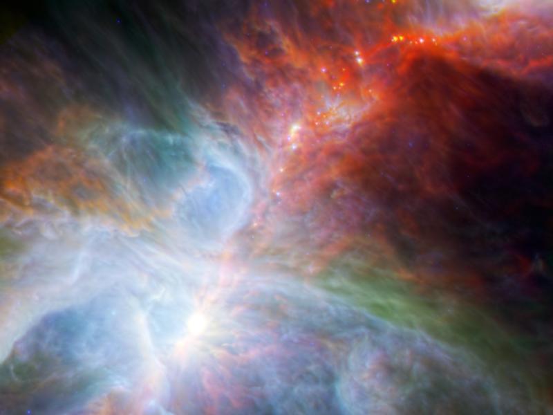 M42 - nádherná mlhovina v souhvězdí Orion vzdálená 1300 světelných let. Kompozitní snímek dalekohledů Herschel a Planck.