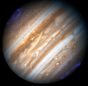 Polárna žiara na planéte Jupiter.