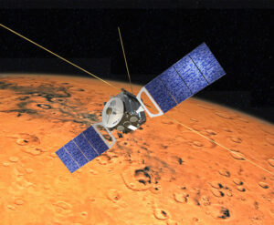 Mars Express nad povrchem Rudé planety v představách malíře.