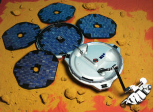 Beagle 2 po rozevření solárních panelů a vztyčení robotického ramena.