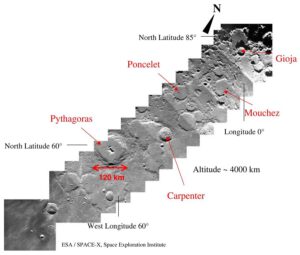 Mozaika okolí kráteru Pythagoras, který se nachází nedaleko severního měsíčního pólu.