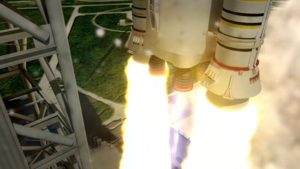 Animace startující rakety SLS s detailem na motory RS-25.