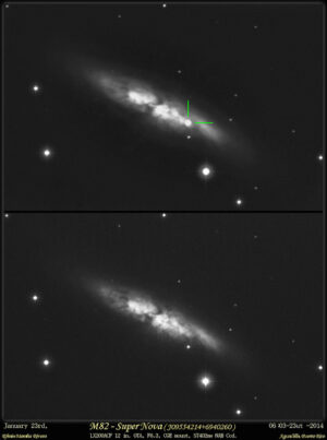 snímek M 82 z rána 23.1. (06:23 světového času) a dřívější z dubna 2013.