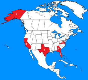 Původní kandidátské státy na stavbu soukromého kosmodromu SpaceX: 1. Aljaška, 2. Kalifornie, 3. Florida, 4. Texas, 5. Virginie, 6. Georgie, 7. Portoriko.