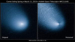 Snímek HST z 1. března 2014, kdy se nacházela 568 milionů kilometrů od Země. Po úpravě jeho snímku jsou jasně zřetelné dva protilehlé prachové výtrysky (na prvním obrázku vpravo). Kredit: NASA, ESA, and J.-Y. Li (Planetary Science Institute)