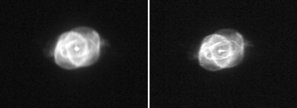 Srovnání snímků mlhoviny "Kočičí oko" (NGC 6543) pořízených čipy SM ve speciálním módu 23. a 25. ledna. Dobře patrný je rozdíl v ostrosti daný vhodnějším nastavením rychlosti rotace družice. Kredit: ESA/Gaia/DPAC/Airbus DS.