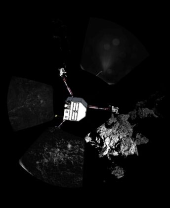 Mozaika z kamer CIVA doplněná o vizualizaci modulu Philae pro lepší pochopení jeho umístění - horní noha trčí do prostoru