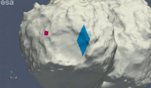 Červeně vyznačena oblast plánovnaého přistání, modře pak oblast, ve které by se Philae mohlo nacházet nyní.