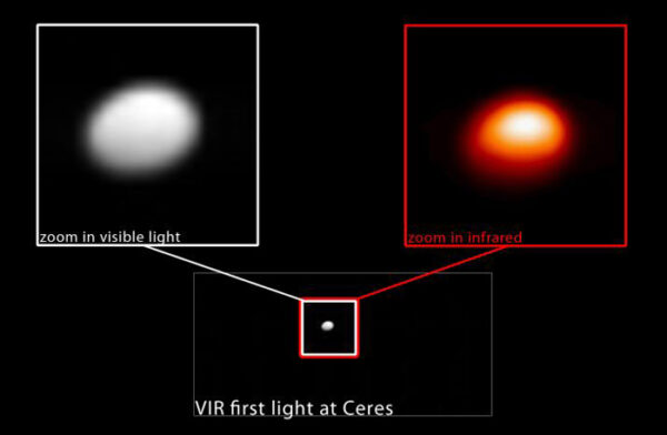 Fotka z infračerveného spektrometru VIR.  Snímek vznikl 13. ledna ve vzdálenosti  383 000 km od trpasličí planety.