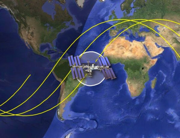Pohyb ISS vzhledem k Zemi, která pod stanicí rotuje.