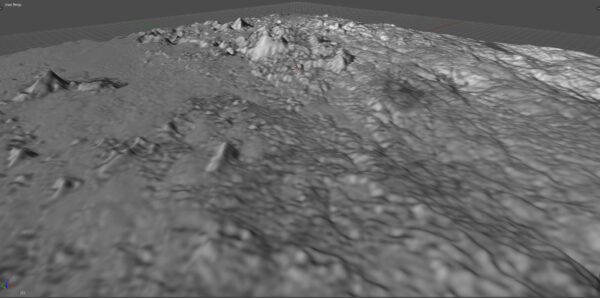 3D model povrchu Pluta, jak jej v programu Blender vymodeloval John Van Vliet