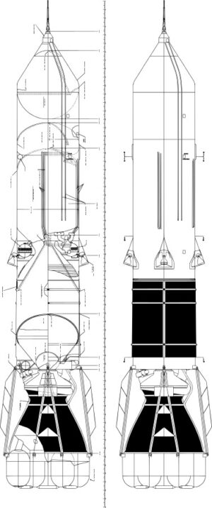Průřez raketou Sea Dragon (vlevo) a pohled zvenčí (vpravo). Povšimněte si balastních nádrží na vodu v dolní části a kabiny z programu Apollo na úplné špičce.