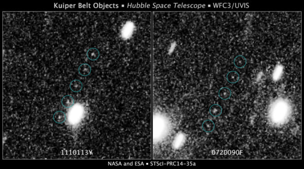Dva objekty, které by se mohly stát druhým cílem  sondy New Horizons pohledem Hubbleova teleskopu.