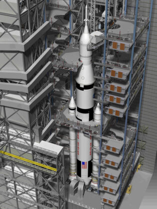 Průřez halou VAB ukazuje deset pater přístupových plošin