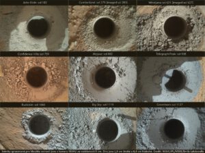 2015: Devět vrtů Curiosity. NASA/JPL/MSSS/Emily Lakdawalla