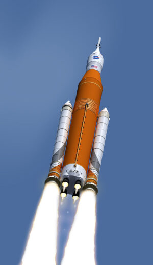 Vizualizace startující rakety SLS - na spodní části hlavního těla jsou dobře vidět čtyři motory RS-25