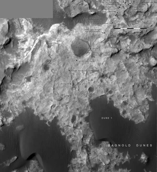 Sol 1168: trasa jízdy Curiosity od Big Sky a Greenhorn k Bagnold Dunes. NASA/JPL/MSSS/Phil Stooke