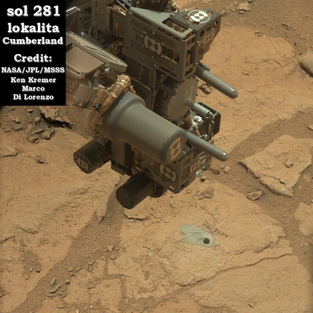 Sol 281 vrtání v lokalitě Cumberland. Foto: NASA/JPL/MSSS/K.Kremer,M.Di Lorenzo