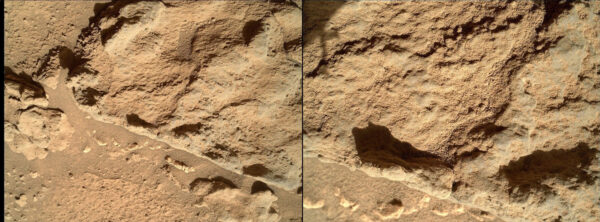 Sol 537 - Rameno vozítka s kamerou MAHLI snímá kameny v okolí Dingo Gap