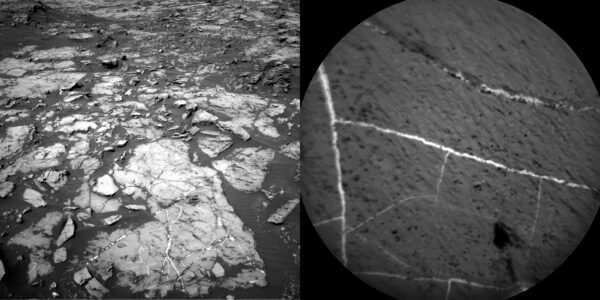 Sol 1185 žilky z NavCam a ChemCam. Fot: NASA/JPL-Caltech