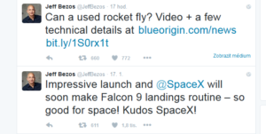 Tweet Jefa Bezose o gratulaci ke skoro úspěšnému přistíní SpaceX a tweet o úspěšném letu New Shepardu