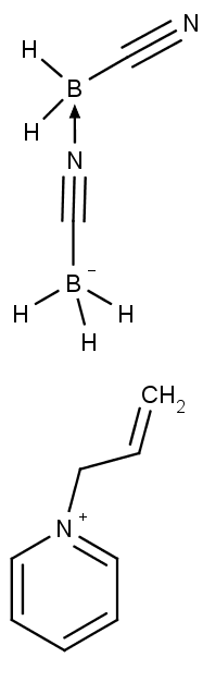 Iontová kapalina tvořená komplexním dimerem na bázi kyanoborohydridového aniontu (nahoře) a 1-(2-propenyl) pyridinem (dole)