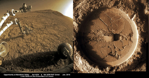 Sol 4234 průzkum v Marathon Valley. NASA/JPL/Ken Kramer/Marco di Lorenzo