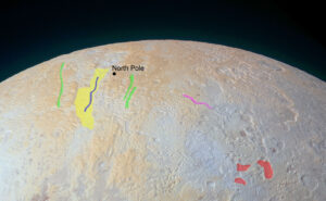 Severní pól Pluta s vyznačenými oblastmi se zajímavými útvary