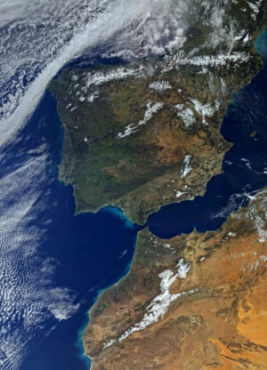 Pyrenejský poloostrov a severozápad Afriky pohledem kamery OLCI na Sentinelu 3A