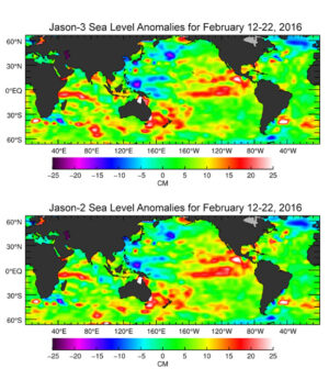 Změny ve výšce mořské hladiny mezi 12. a 22. únorem - porovnání údajů z družic Jason-2 a Jason-3