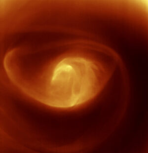 Jihopolární vír v atmosféře Venuše z Venus Express. Zdroj: ESA