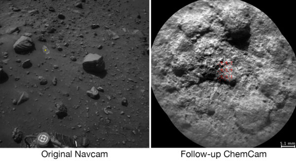 Vlevo originální snímek z NavCam, vpravo pak z ChemCam