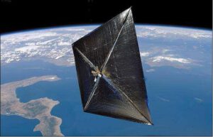 Sluneční plachetnice Nanosail-D v představách malíře (zdroj NASA).