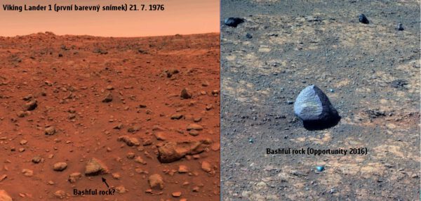 Kameny Bashful a Basfull II na Marsu. Viking 1 a Opportunity. Zdroj: NASA