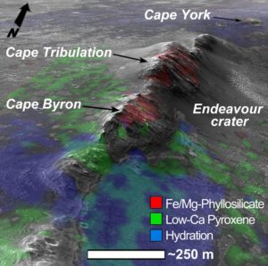 Cape Byron, kráter Endeavour. Data MRO/HiRISE. Zdroj NASA/JPL-Caltech/MSSS