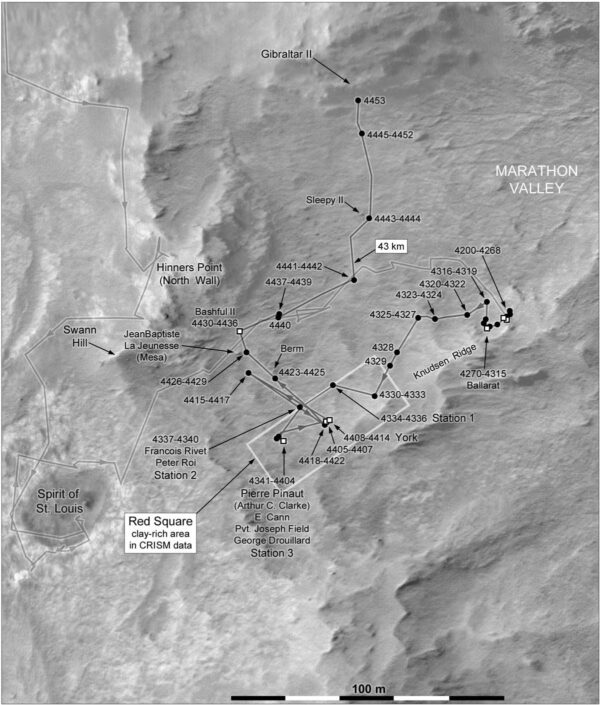 Mapa polohy Opportunity k solu 4453 v srpnu 2016. Zdroj: NASA/JPL/MSSS/Phil Stooke