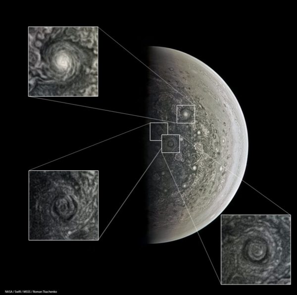 Jupiterův pól, detaily. NASA/SwRI/MSSS/Roman Tkačenko