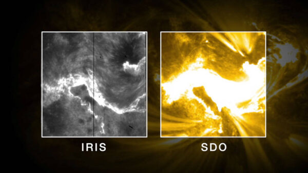 Porovnání rozlišení snímků observatoře IRIS a známější SDO. Dobře vidíme přínos i malého specializovaného dalekohledu. Zdroj: NASA