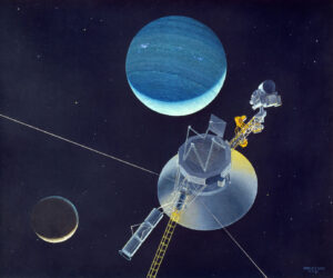 Sonda Voyager 2 díky gravitačním manévrům proletěla kolem všech velkých planet a dostala se až k Neptunu. Nyní je v čele pelotonu pěti pozemských sond k okraji Sluneční soustavy (zdroj NASA).