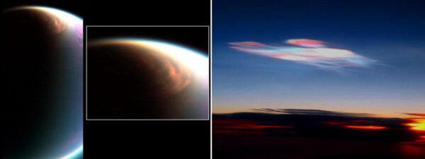 Tento mrak ve stratosféře nad Titanovým severním pólem (vlevo) je podobný perleťovým oblakům na Zemi (vpravo). Mrak obsahuje metanový led. Sonda Cassini ho vyfotografovala v roce 2006. zdroj: nasa.gov