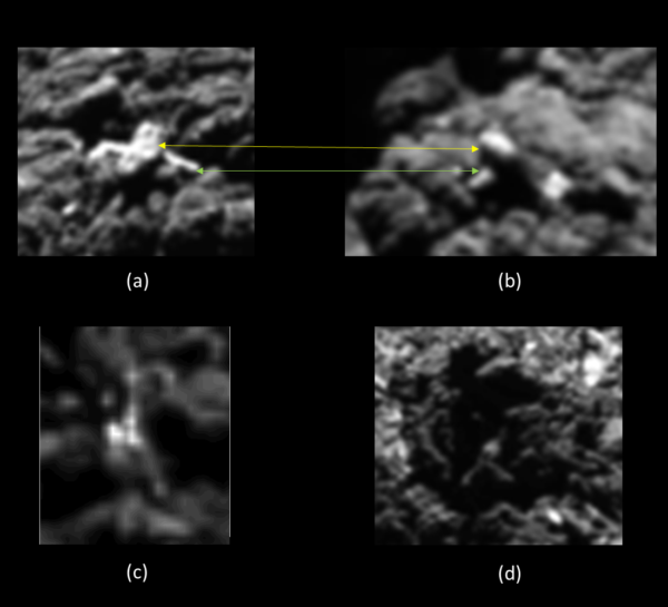 Falešní kandidáti: (a) a (b) ukazují přední a vrchní pohled na jednoho z nich. Změna úhlu pohledu ukazuje, že jde o ledový balvan. Obrázky (c) a (d) také ukazují kus ledu před kamenem, připomínající na první pohled lander. Zdroj: obrázky: ESA/Rosetta/MPS for OSIRIS Team MPS/UPD/LAM/IAA/SSO/INTA/UPM/DASP/IDA; analýza: L. O’Rourke
