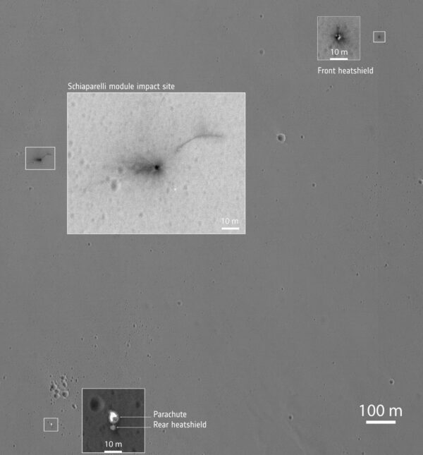 Části modulu Schiaparelli na Marsu. Zdroj: NASA/JPL/University of Arizona