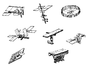 8 vybraných konceptů různých společnosti v období známém jako Space Station Needs. Nahoře vpravo lze vidět odvážný design firmy Hughes Aircraft Company.