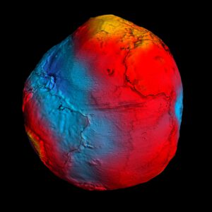 Barvy na obrázku reprezentují odchylky ve výšce (-100 až +100 m) od ideálního geoidu. Modrá představuje nízké hodnoty, červená/žlutá pak vysoké.