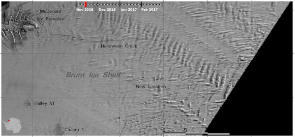 Snímky Halloween Crack z družice Sentinel 2A pořízené mezi listopadem 2016 a únorem 2017.