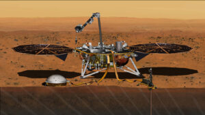 InSight s pomocí robotické paže rozloží vědecké přístroje na povrch Marsu.