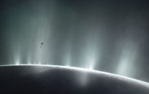 Vizualizace průletu sondy Cassini skrz výtrysky na Enceladu.